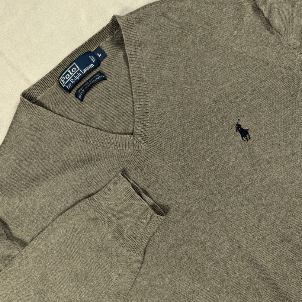 Polo Ralph Lauren Mens Large V-Neck Sweater 100% Pima Cotton Gray Blue Pony